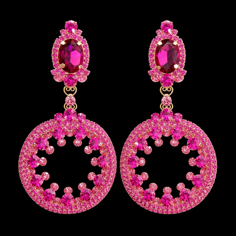 Flamingo Hoops crystal earrings on a black studio background