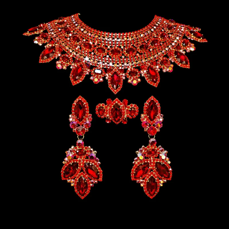 Lady in Red crystal jewelry set on a black studio background