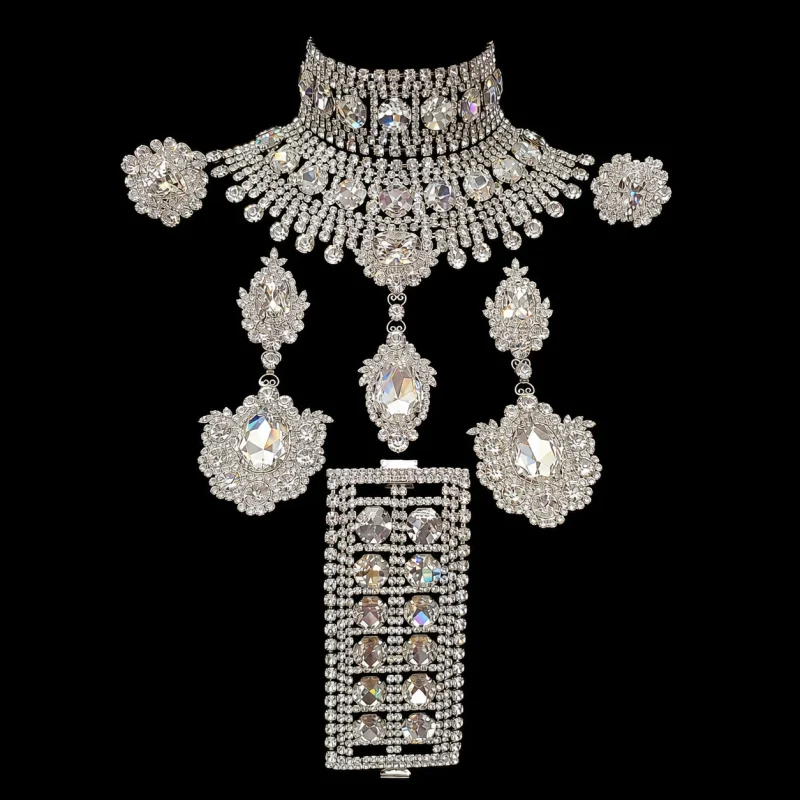 Mae West’s Walk crystal jewelry on a black studio background