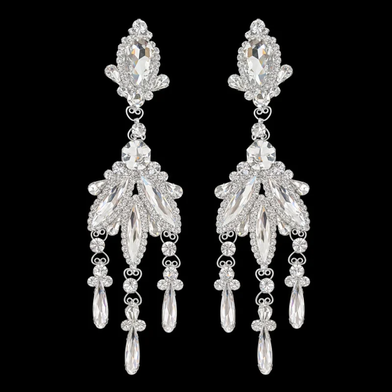 Miss Russell’s Mink Coat crystal earrings on a black studio background