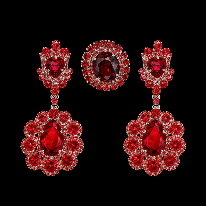 Strawberry Drops crystal earrings on a black studio background